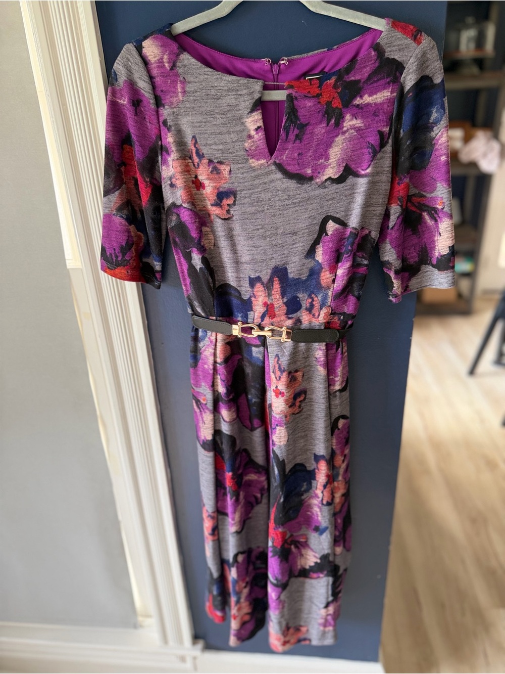 DownEast Gray Midi Dress with Purple and Pink Floral Print